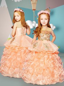 Peach Sleeveless Floor Length Beading and Ruffles Lace Up Child Pageant Dress