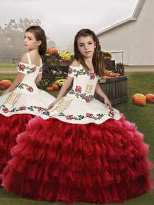 Red Straps Lace Up Embroidery and Ruffled Layers Kids Pageant Dress Sleeveless