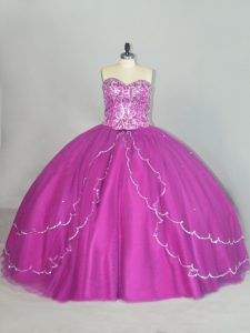 Custom Made Fuchsia Ball Gowns Sweetheart Sleeveless Tulle Brush Train Lace Up Beading and Sequins Sweet 16 Dress
