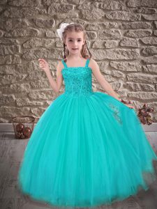 Attractive Lace Up Child Pageant Dress Aqua Blue for Wedding Party with Beading and Appliques Sweep Train