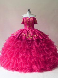 Clearance Fuchsia 15 Quinceanera Dress Sweet 16 and Quinceanera with Embroidery and Ruffled Layers Off The Shoulder Slee