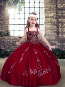 Excellent Wine Red Tulle Lace Up Little Girls Pageant Dress Sleeveless Floor Length Beading