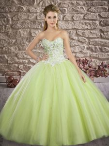 Yellow Green Sweetheart Neckline Appliques Quince Ball Gowns Sleeveless Lace Up