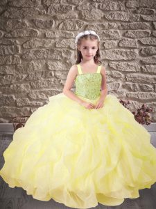 Wonderful Yellow Ball Gowns Organza Straps Sleeveless Beading and Ruffles Floor Length Lace Up Kids Pageant Dress