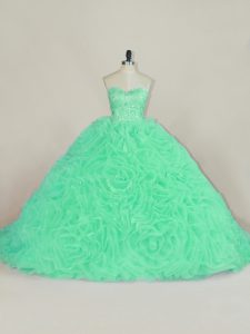 Green Lace Up Sweetheart Beading and Ruffles Ball Gown Prom Dress Fabric With Rolling Flowers Sleeveless Court Train