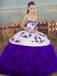 Luxurious White And Purple Tulle Lace Up Sweetheart Sleeveless Floor Length 15 Quinceanera Dress Embroidery and Ruffles 