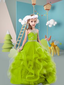 Most Popular Olive Green Halter Top Zipper Beading and Ruffles Little Girl Pageant Dress Sleeveless