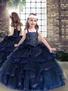 Navy Blue Sleeveless Tulle Lace Up Little Girls Pageant Dress Wholesale for Party and Wedding Party