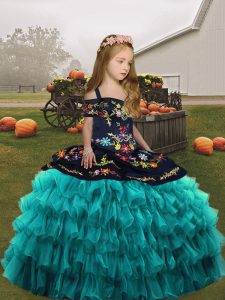 Sleeveless Embroidery and Ruffled Layers Lace Up Little Girl Pageant Gowns