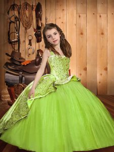Most Popular Yellow Green Straps Neckline Beading and Appliques Girls Pageant Dresses Sleeveless Lace Up