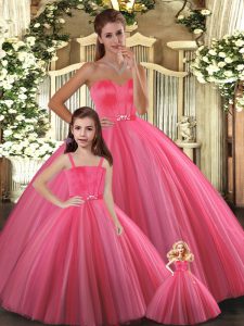 Fabulous Coral Red Ball Gowns Sweetheart Sleeveless Tulle Floor Length Lace Up Beading Sweet 16 Quinceanera Dress