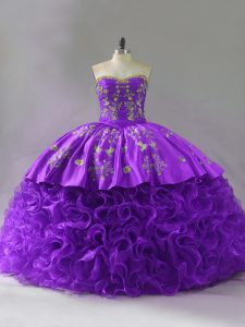 Customized Purple Lace Up Quinceanera Dress Embroidery and Ruffles Sleeveless Brush Train