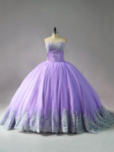 Unique Court Train Ball Gowns Sweet 16 Dress Lavender Sweetheart Tulle Sleeveless Lace Up