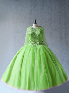 Green Long Sleeves Floor Length Beading Lace Up Sweet 16 Dresses