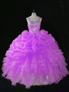Suitable Straps Sleeveless Quinceanera Gowns Floor Length Sequins and Pick Ups Lilac Organza