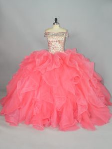 Watermelon Red Sleeveless Floor Length Beading and Ruffles Lace Up Ball Gown Prom Dress