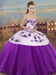 Super White And Purple Ball Gowns Sweetheart Sleeveless Tulle Floor Length Lace Up Embroidery and Bowknot Sweet 16 Dress