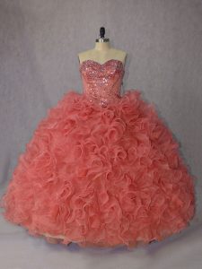 High Class Sleeveless Organza Brush Train Lace Up Sweet 16 Dresses in Orange with Beading and Ruffles