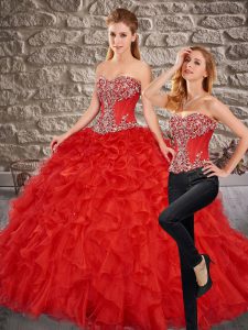 Customized Red Two Pieces Beading and Ruffles Quince Ball Gowns Lace Up Organza Sleeveless