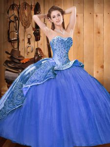 Lace Up Ball Gown Prom Dress Blue for Military Ball and Sweet 16 and Quinceanera with Beading and Embroidery Brush Train