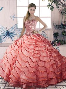 High End Beading and Ruffled Layers 15th Birthday Dress Watermelon Red Lace Up Sleeveless Brush Train
