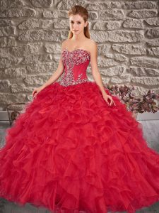 Red Ball Gowns Organza Sweetheart Sleeveless Beading and Ruffles Lace Up Quinceanera Dresses Brush Train