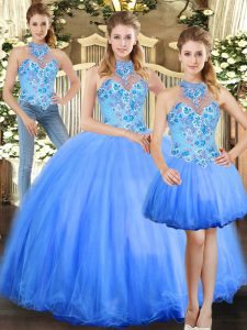 Fantastic Blue Sleeveless Embroidery Floor Length Quinceanera Gowns