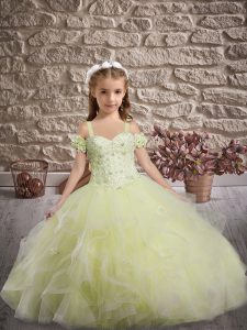 Yellow Green Tulle Lace Up Little Girls Pageant Dress Wholesale Sleeveless Sweep Train Appliques and Ruffles