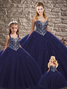 Glorious Tulle Sweetheart Sleeveless Lace Up Beading Quinceanera Gown in Navy Blue