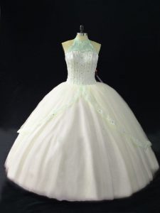 Ball Gowns Quince Ball Gowns White Halter Top Tulle Sleeveless Floor Length Lace Up