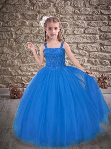 Blue Winning Pageant Gowns Tulle Sweep Train Sleeveless Beading and Appliques