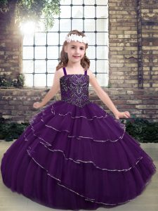 Stunning Eggplant Purple Ball Gowns Beading and Ruffled Layers Little Girls Pageant Dress Wholesale Lace Up Tulle Sleeve