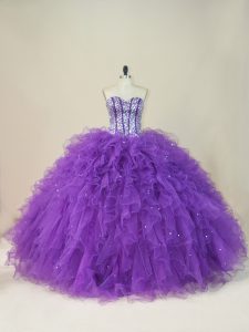 Sweetheart Sleeveless Lace Up Quince Ball Gowns Purple Tulle