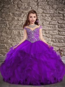Beading and Ruffles Pageant Gowns For Girls Purple Lace Up Cap Sleeves Sweep Train