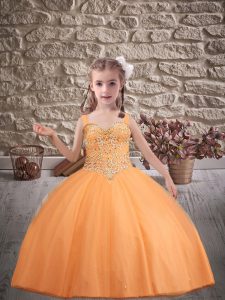 Eye-catching Orange Straps Lace Up Beading Child Pageant Dress Brush Train Sleeveless