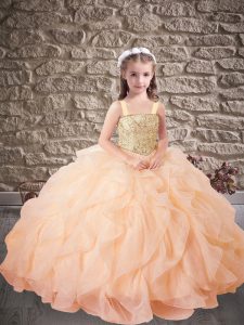 Floor Length Ball Gowns Sleeveless Peach Pageant Gowns For Girls Lace Up