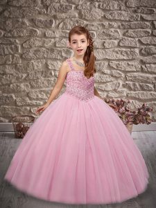 Top Selling Straps Sleeveless Kids Pageant Dress Floor Length Beading Rose Pink Tulle