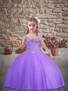 Lavender Ball Gowns Tulle Straps Sleeveless Beading Lace Up Little Girls Pageant Gowns Brush Train