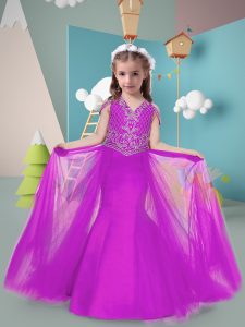 High Quality V-neck Sleeveless Little Girl Pageant Dress Sweep Train Beading Purple Tulle