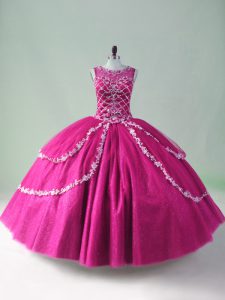 High End Scoop Sleeveless Quinceanera Gown Floor Length Beading and Appliques Fuchsia Tulle