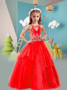 Trendy Coral Red Zipper Halter Top Beading and Embroidery Little Girls Pageant Dress Organza Sleeveless