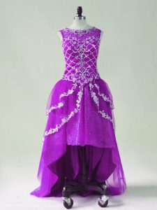 Purple Sleeveless High Low Beading and Appliques Zipper Prom Dresses