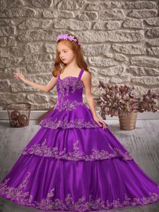 Sleeveless Appliques and Ruffled Layers Lace Up Glitz Pageant Dress with Purple Brush Train