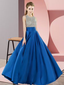 Blue Empire Elastic Woven Satin Scoop Sleeveless Beading Floor Length Backless Prom Party Dress