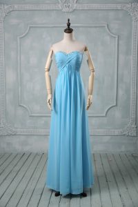 Sleeveless Chiffon Floor Length Backless Homecoming Dress in Baby Blue with Beading and Ruching