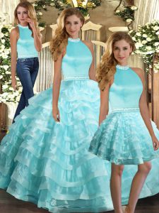 Chic Ruffled Layers Sweet 16 Quinceanera Dress Aqua Blue Backless Sleeveless Floor Length