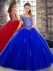 Tulle Off The Shoulder Sleeveless Lace Up Beading Quinceanera Dress in Royal Blue