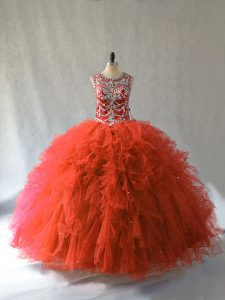 Orange Red Sweet 16 Dresses Sweet 16 and Quinceanera with Beading and Ruffles Scoop Sleeveless Lace Up