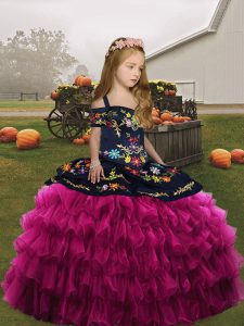 Sleeveless Floor Length Embroidery and Ruffles Little Girls Pageant Dress