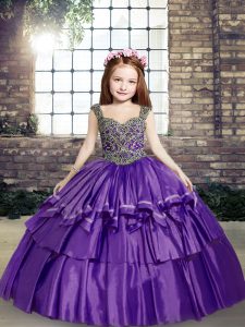 Sleeveless Floor Length Beading Lace Up Kids Formal Wear with Lavender